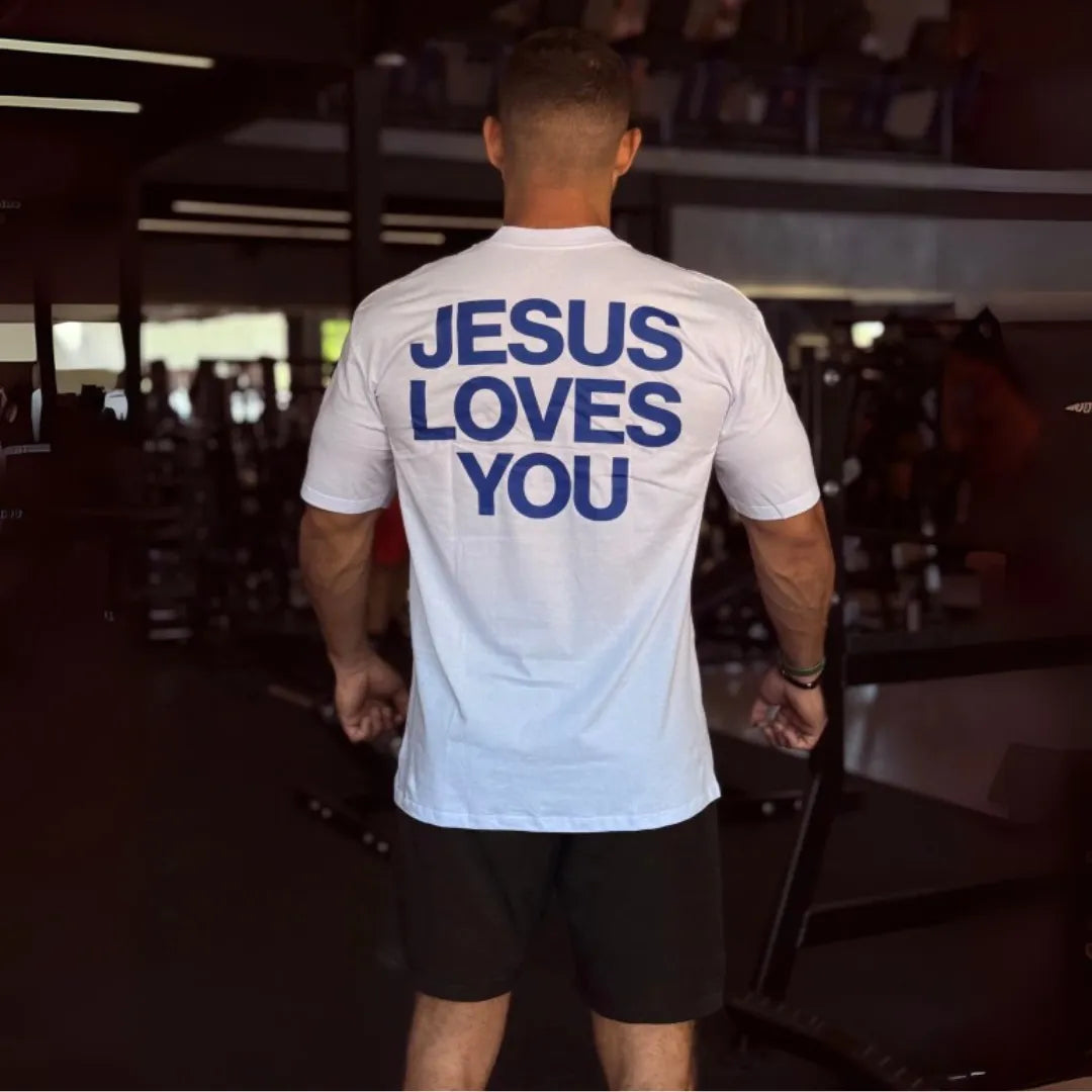 Camiseta Branca "Jesus loves you" escrita azul
