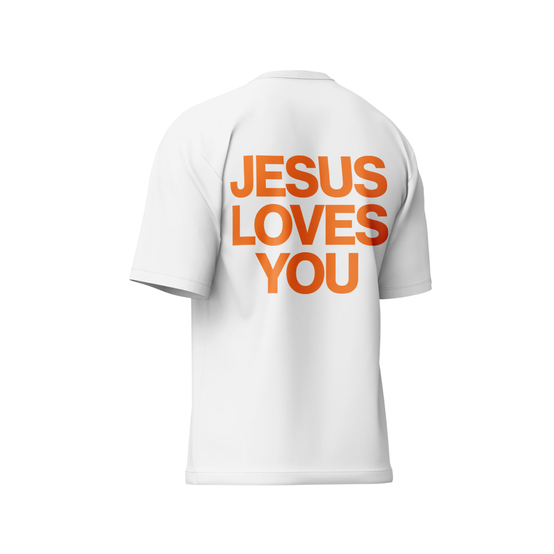 Camiseta Branca "Jesus Loves You" escrita Laranja