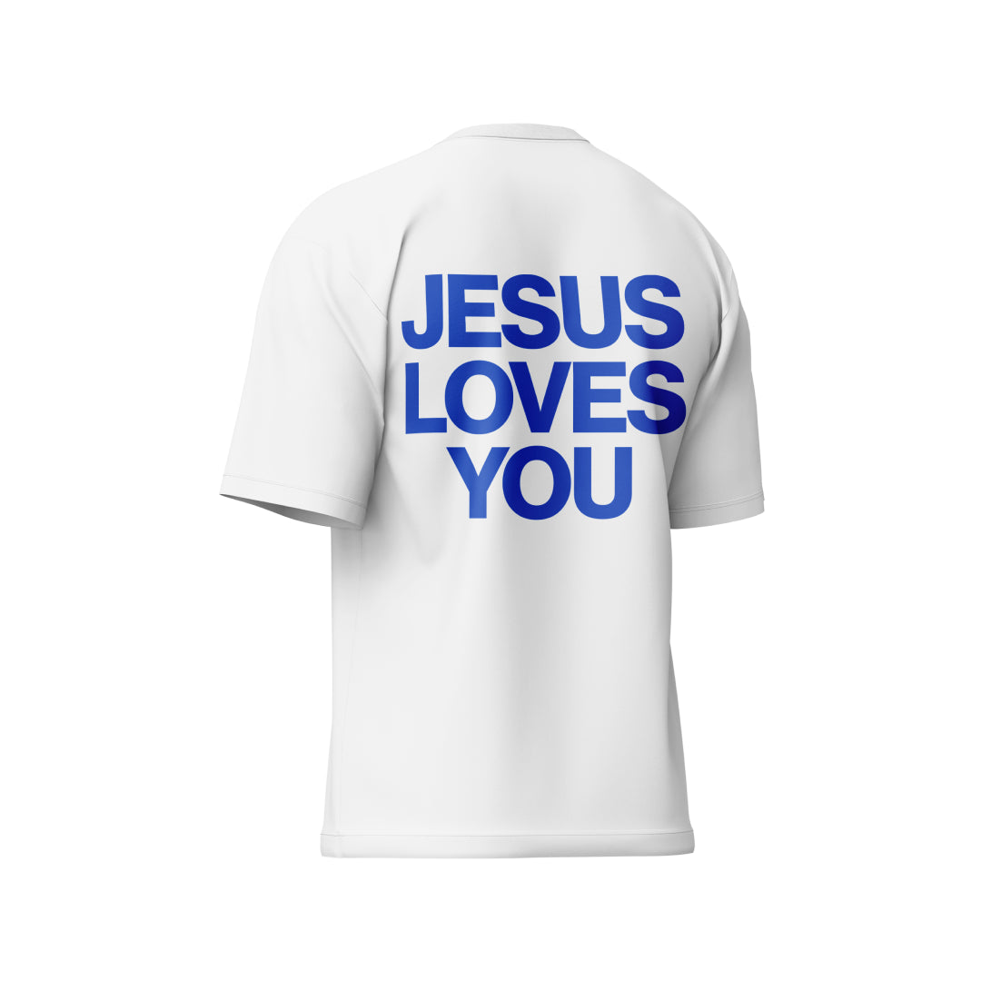 Camiseta Branca "Jesus loves you" escrita azul