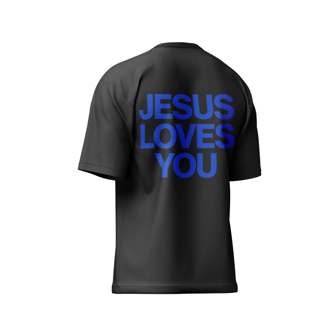 Camiseta preta "Jesus Loves You" escrita azul