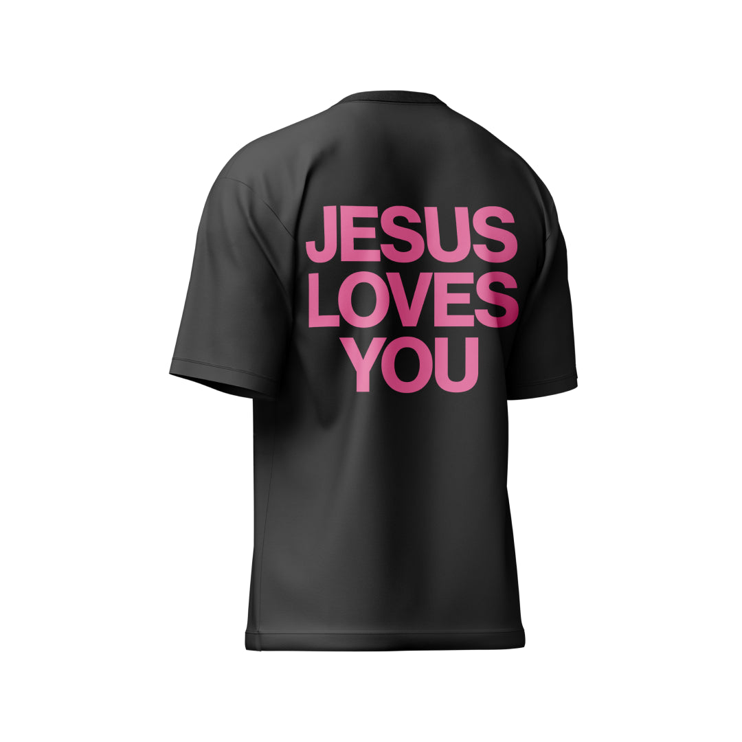 Camiseta Preta "Jesus Loves You"escrita Rosa