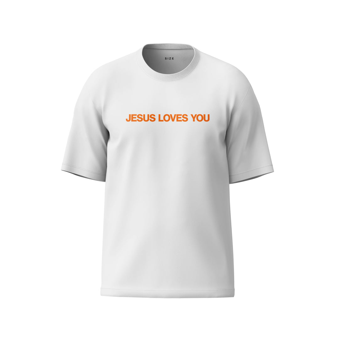 Camiseta Branca "Jesus Loves You" escrita Laranja