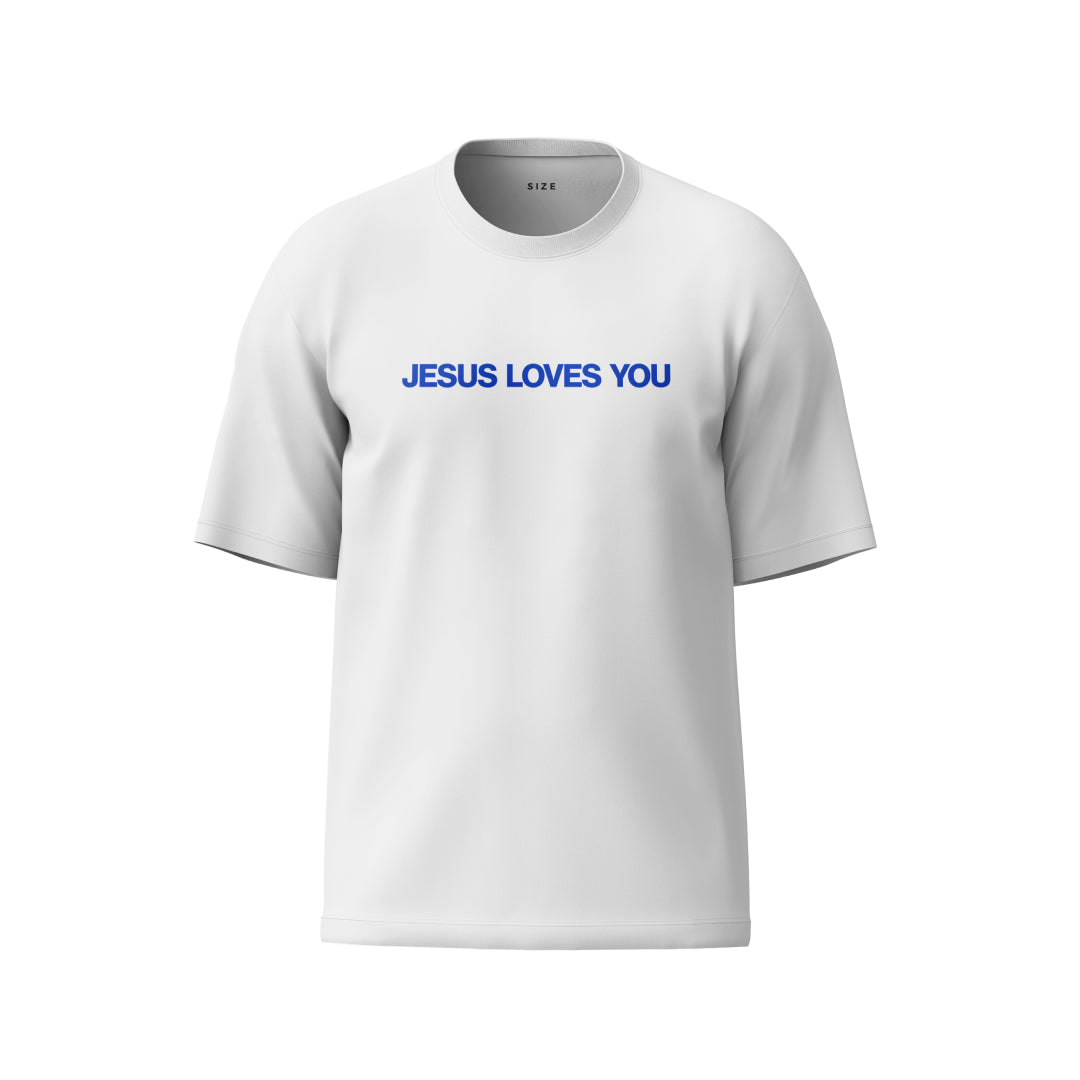 Camiseta Branca "Jesus loves you" escrita azul