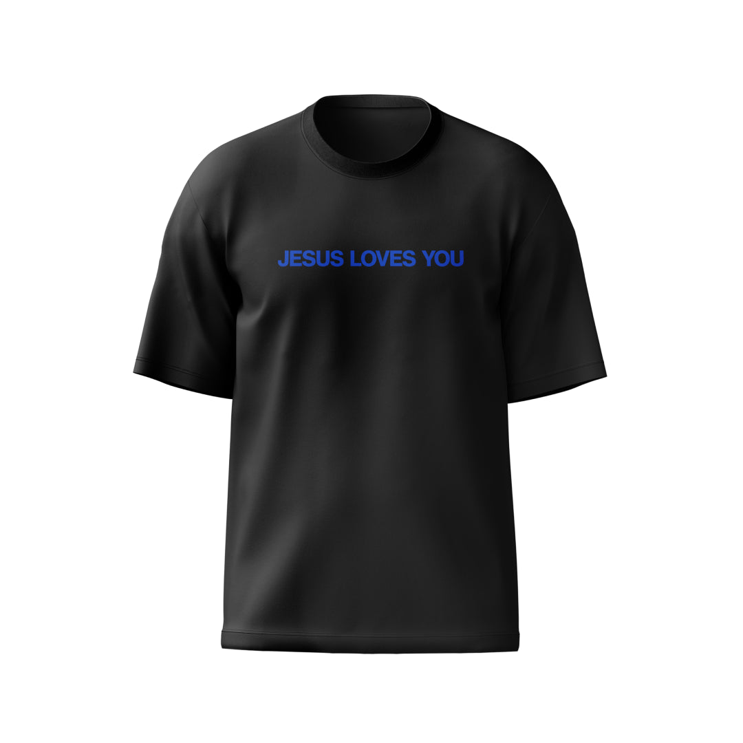 Camiseta preta "Jesus Loves You" escrita azul