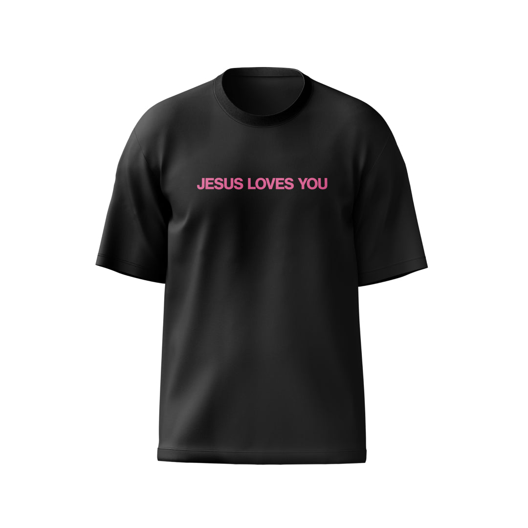 Camiseta Preta "Jesus Loves You"escrita Rosa