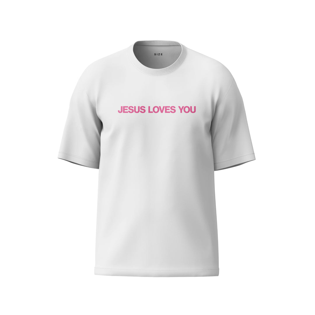 Camiseta branca "Jesus loves you" escrita rosa